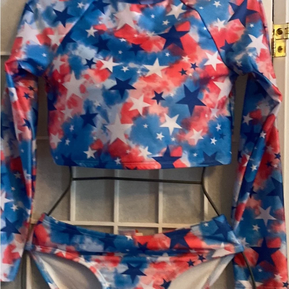 Kids Two-Piece Long Sleeve Swim Set - Patriotic Star Print (Blue & Red)
